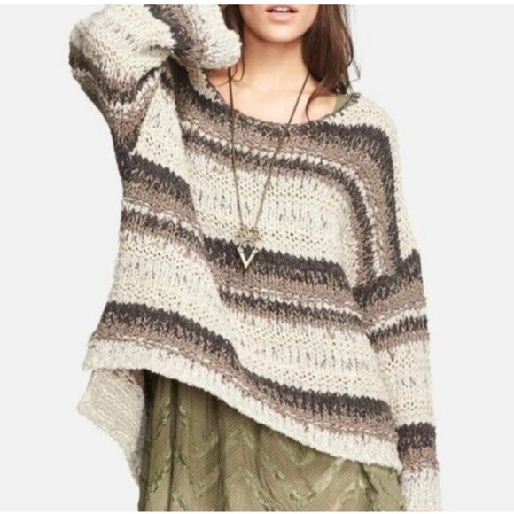 Free People Striped Knit Sweater Oversized Slouchy Beige Brown Alpaca Blend Sz L - Picture 1 of 9